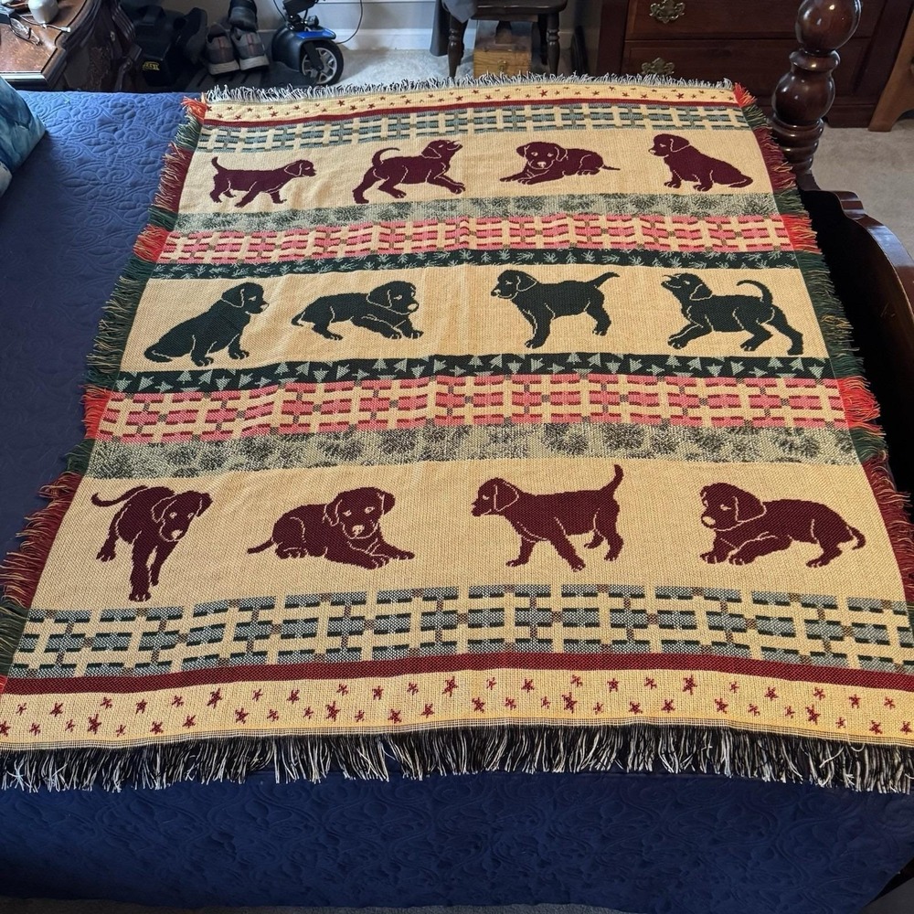 Dog Puppies Pattern Blanket Multicolor Tapestry Soft w/ Fringe